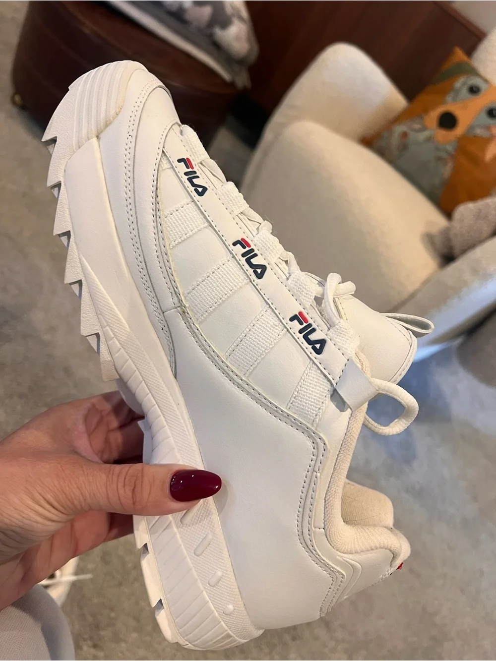 Fila White Leather Platform Sneaker with Red & Navy Accents